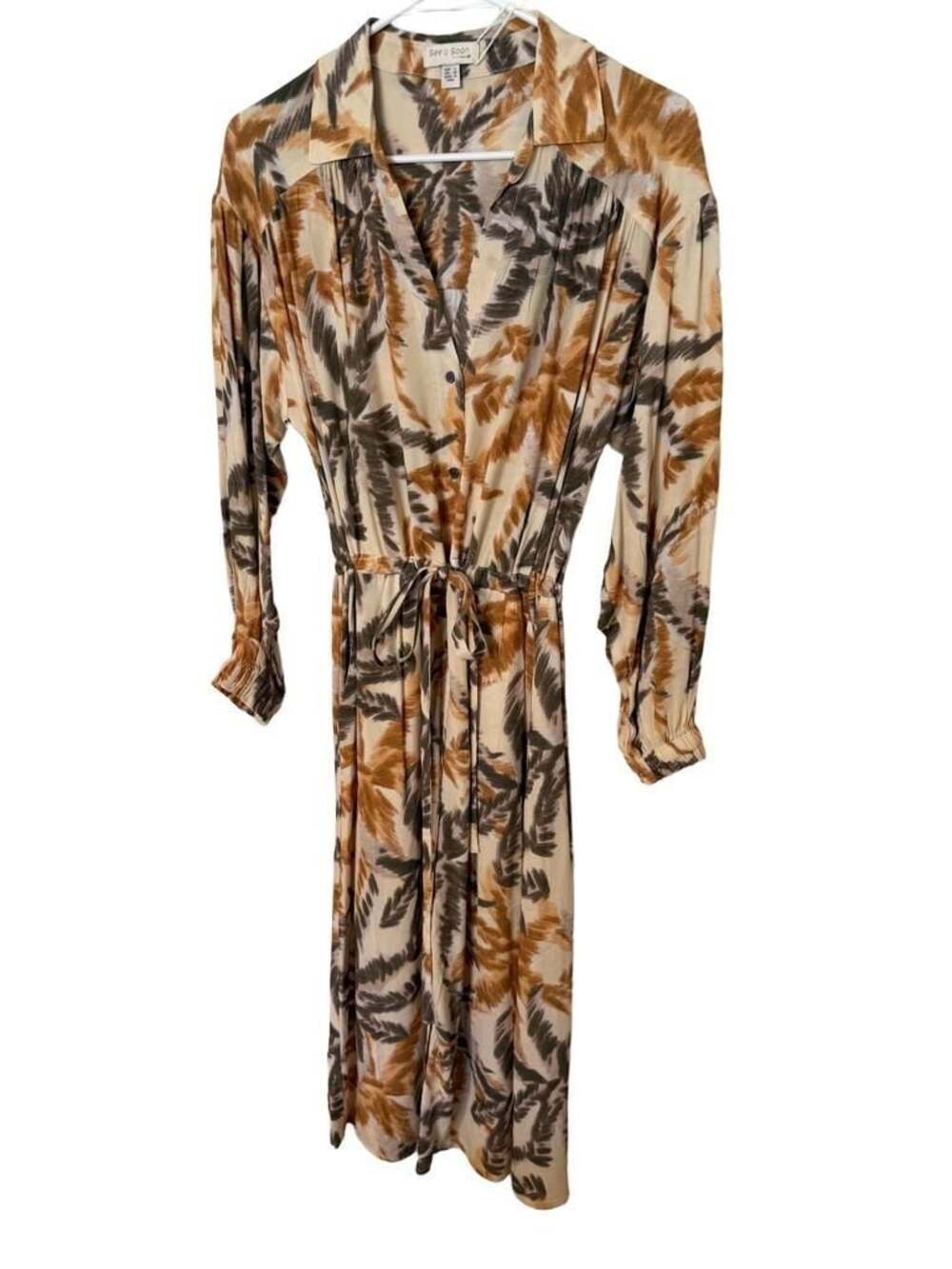 See U Soon Tan Brown Abstract Print Button-Down Midi Dress